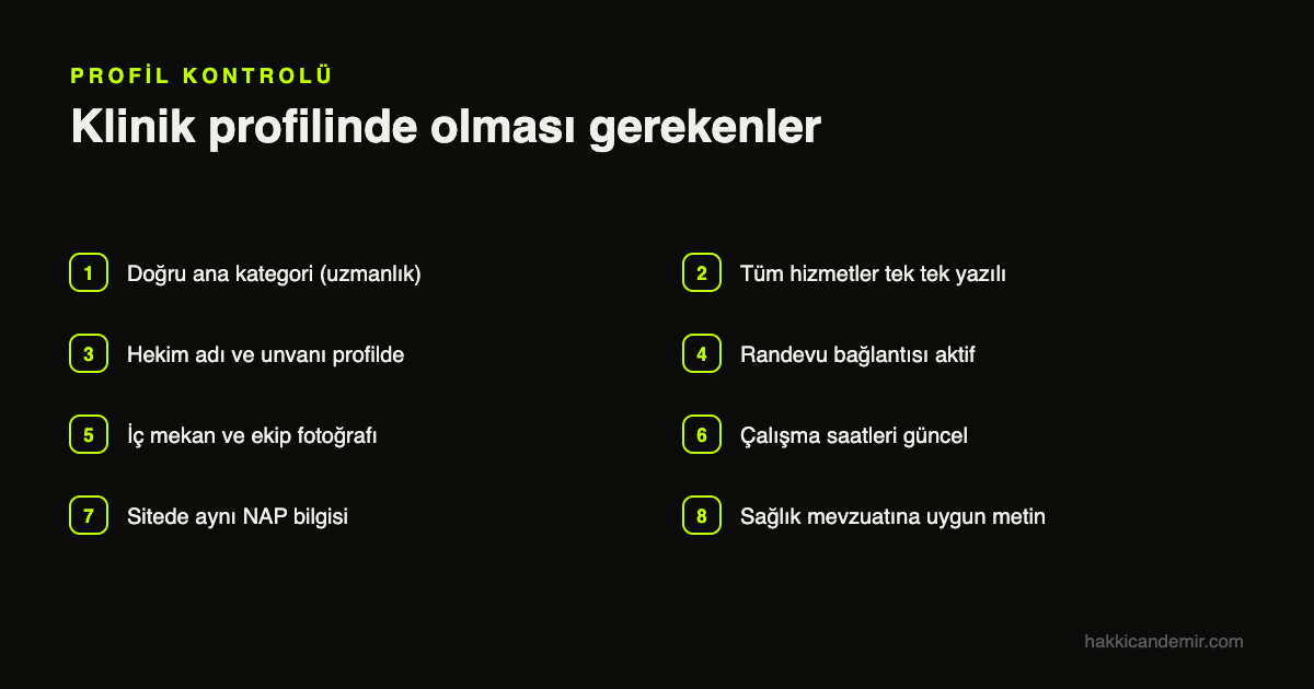 Klinik Google Haritalar SEO profil kontrol listesi: kategori, hizmetler, fotoğraf ve NAP